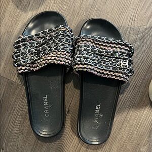 Chanel Black and Multicolor Chain Slides